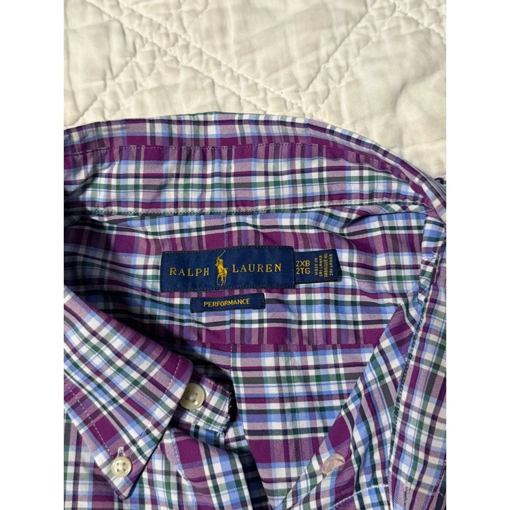 Polo Ralph Lauren Button Down Men 2XB Purple Plaid Performance Long Sleeve Shirt